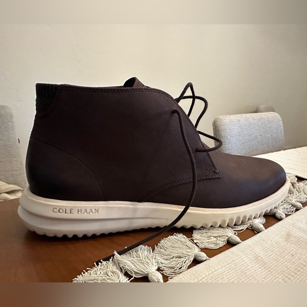 NWT Cole Haan Grand+ Chukka Boots. Color: Dark Chocolate w/Ivory. Size 12M US